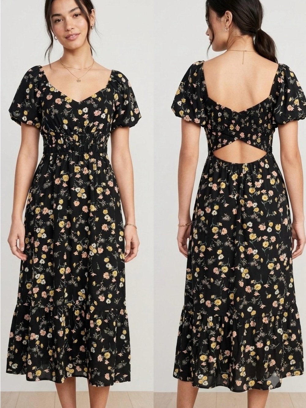 As U Wish Black Floral Puff Sleeve Midi Dress